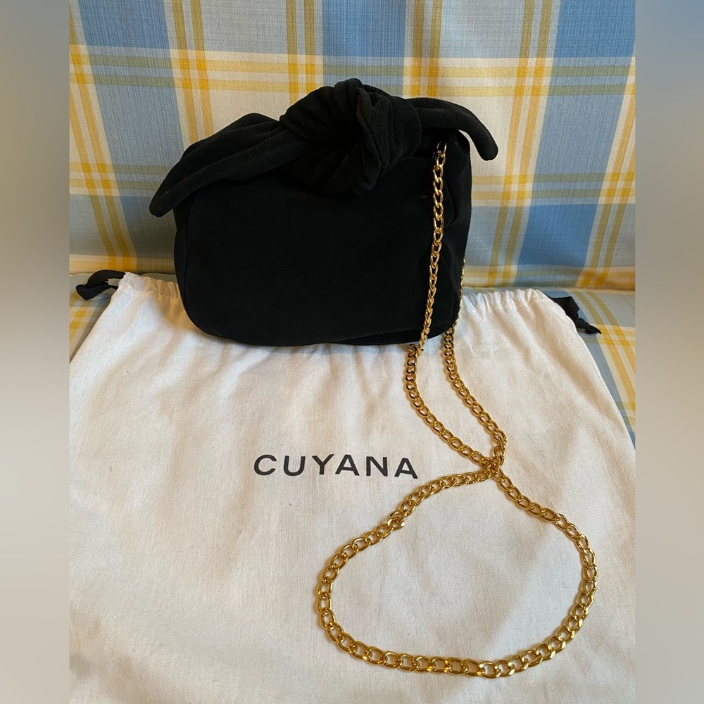 Cuyana Black Suede Mini Bow Bag with Gold Chain Strap